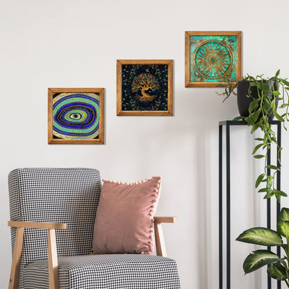 Evil Eye, Tree of Life & Sacred Wheel Trio Natural Stone Wall Art – Wood Frame Set