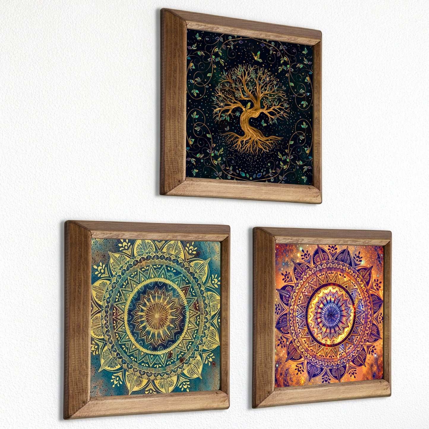 Tree of Life & Mandala Trio Natural Stone Wall Art  – Wood Frame Set