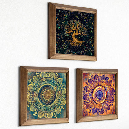 Tree of Life & Mandala Trio Natural Stone Wall Art  – Wood Frame Set