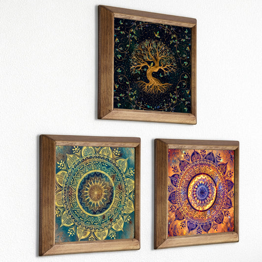 Tree of Life & Mandala Trio Natural Stone Wall Art  – Wood Frame Set