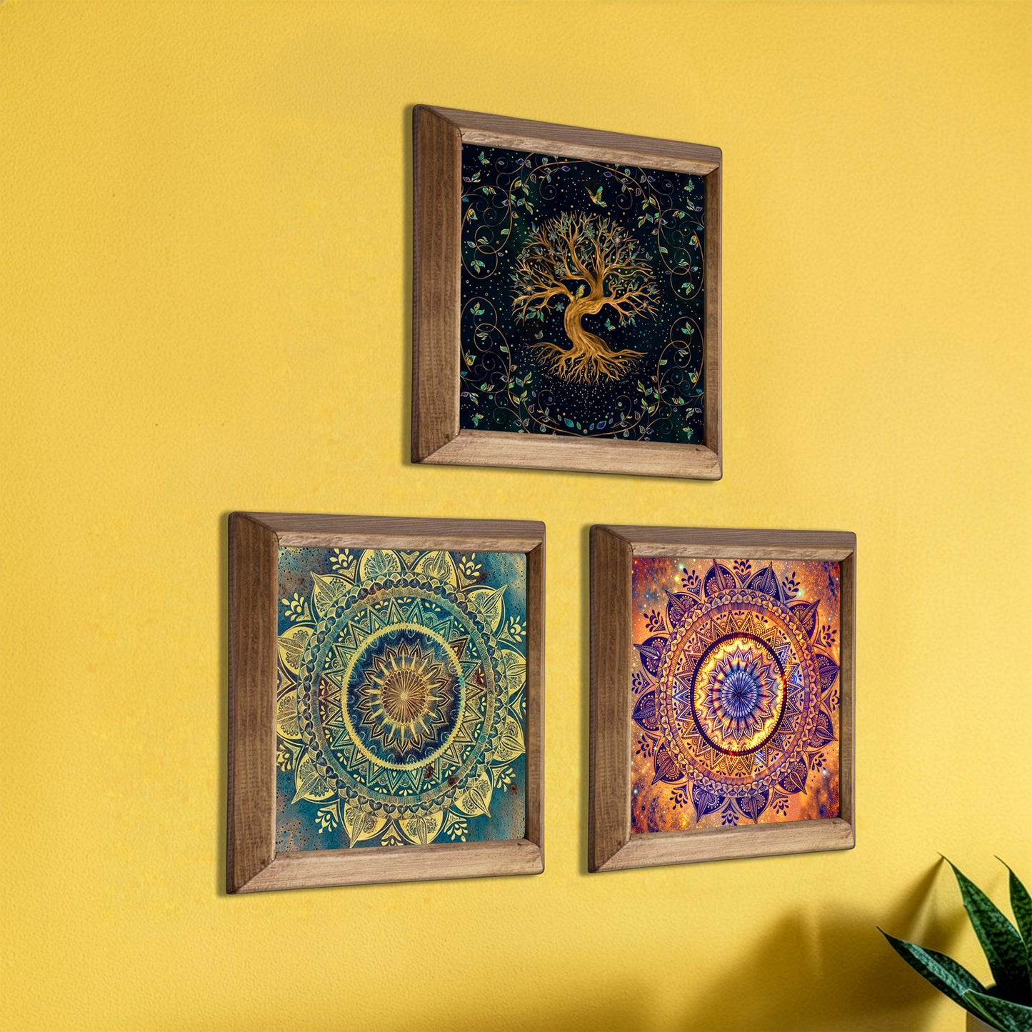 Tree of Life & Mandala Trio Natural Stone Wall Art  – Wood Frame Set