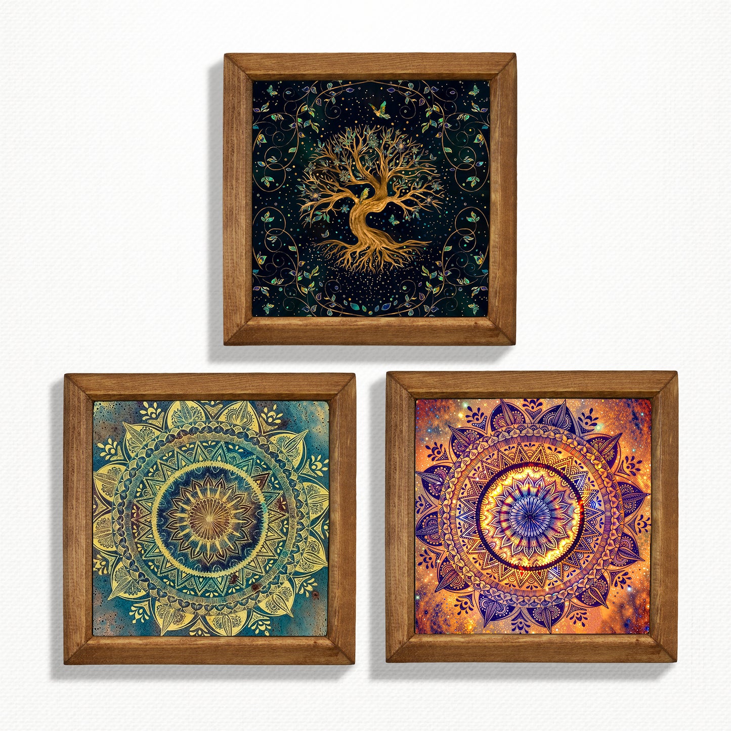 Tree of Life & Mandala Trio Natural Stone Wall Art  – Wood Frame Set