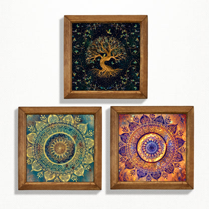 Tree of Life & Mandala Trio Natural Stone Wall Art  – Wood Frame Set