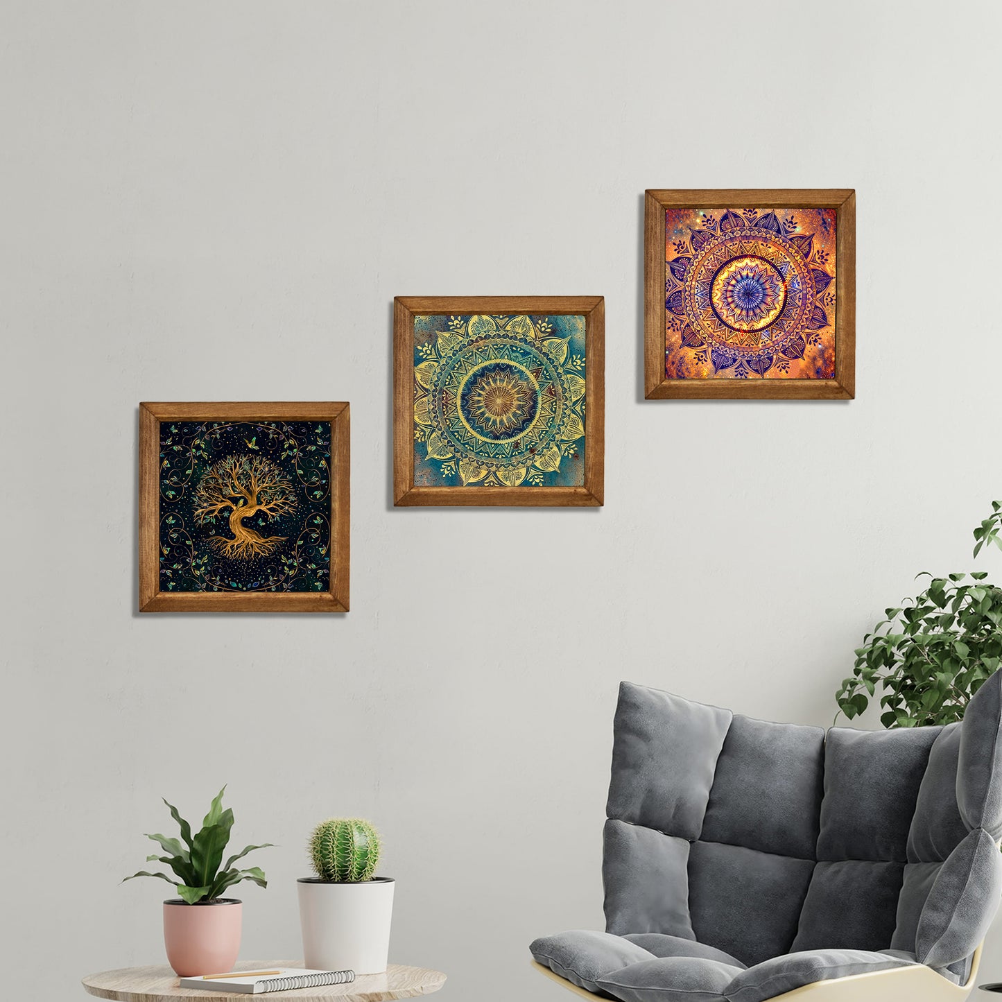 Tree of Life & Mandala Trio Natural Stone Wall Art  – Wood Frame Set