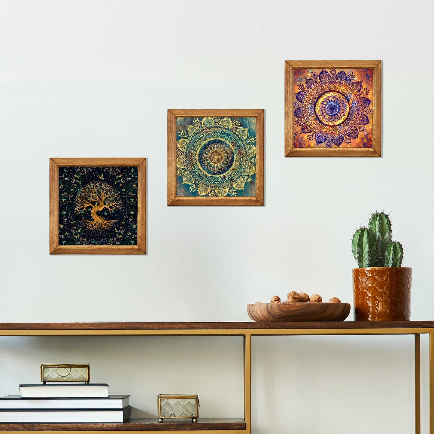 Tree of Life & Mandala Trio Natural Stone Wall Art  – Wood Frame Set