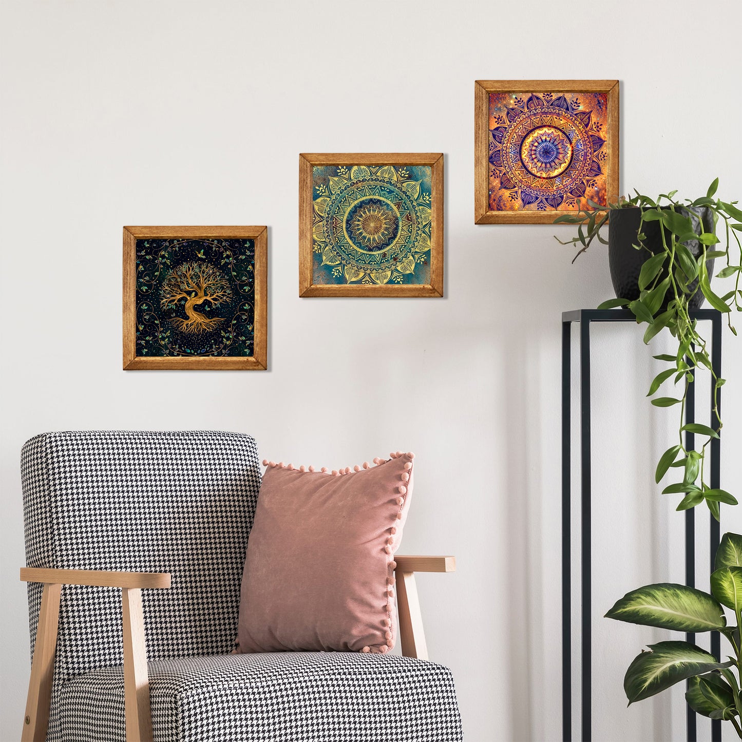 Tree of Life & Mandala Trio Natural Stone Wall Art  – Wood Frame Set