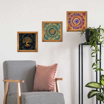 Tree of Life & Mandala Trio Natural Stone Wall Art  – Wood Frame Set