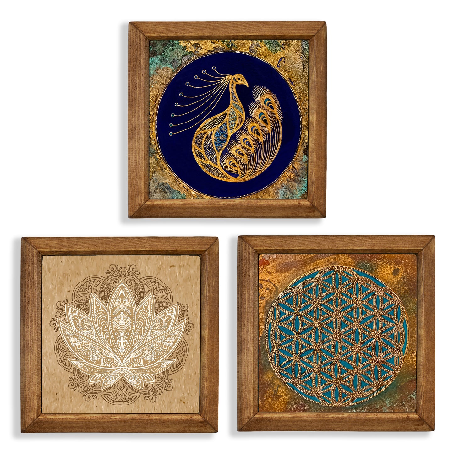 Peacock, Lotus & Flower of Life Trio Natural Stone Wall Art – Wood Frame Set