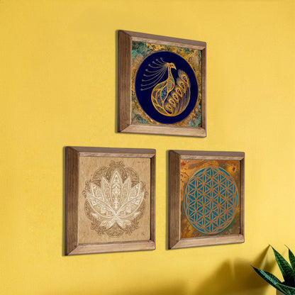 Peacock, Lotus & Flower of Life Trio Natural Stone Wall Art – Wood Frame Set