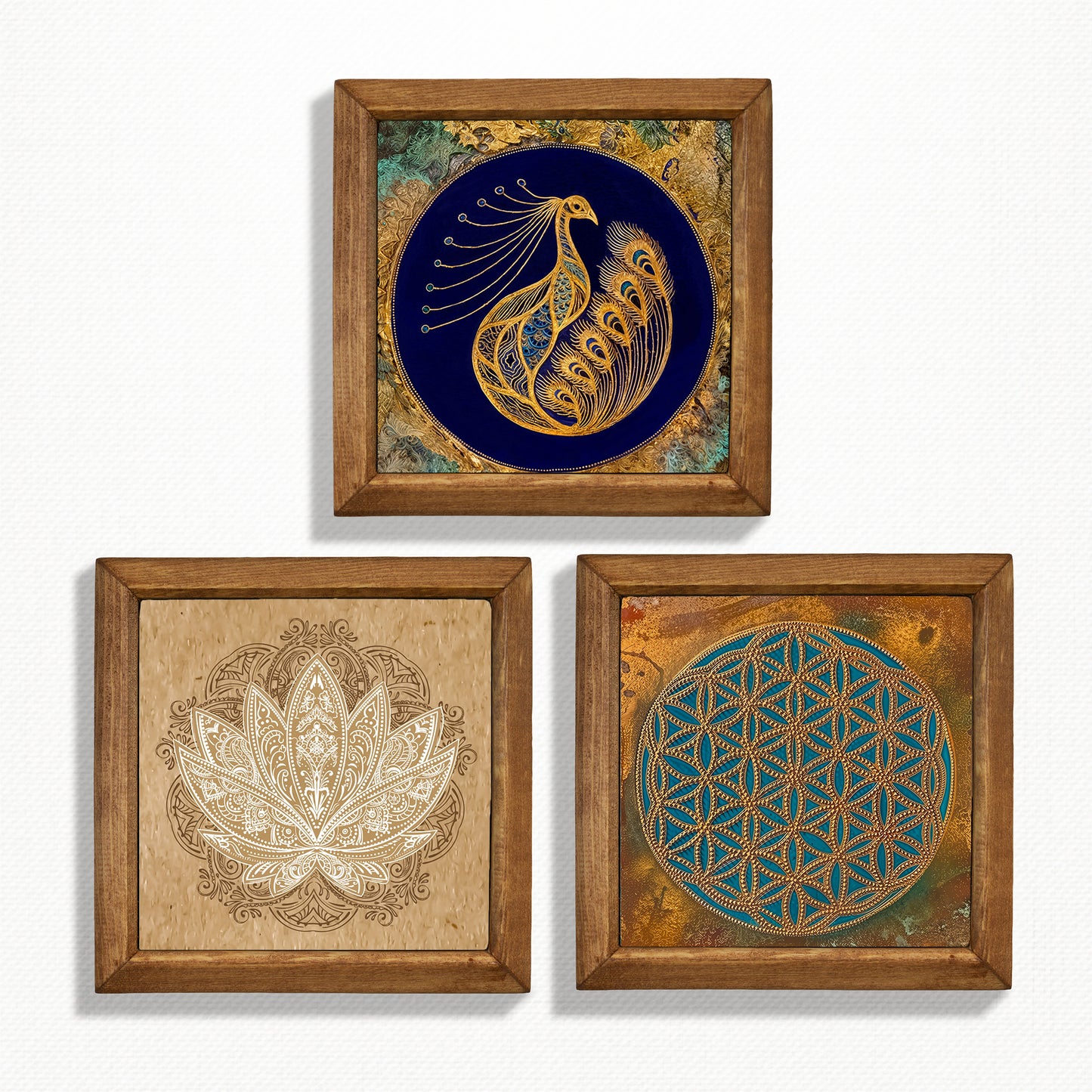 Peacock, Lotus & Flower of Life Trio Natural Stone Wall Art – Wood Frame Set