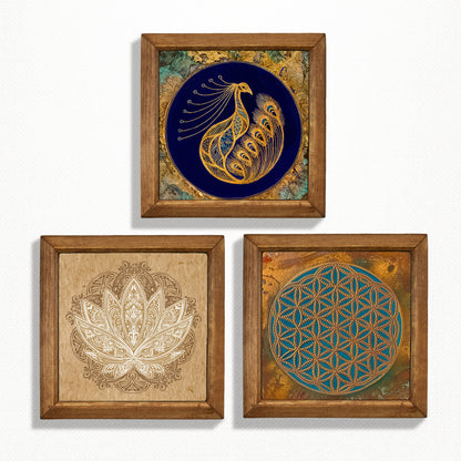 Peacock, Lotus & Flower of Life Trio Natural Stone Wall Art – Wood Frame Set