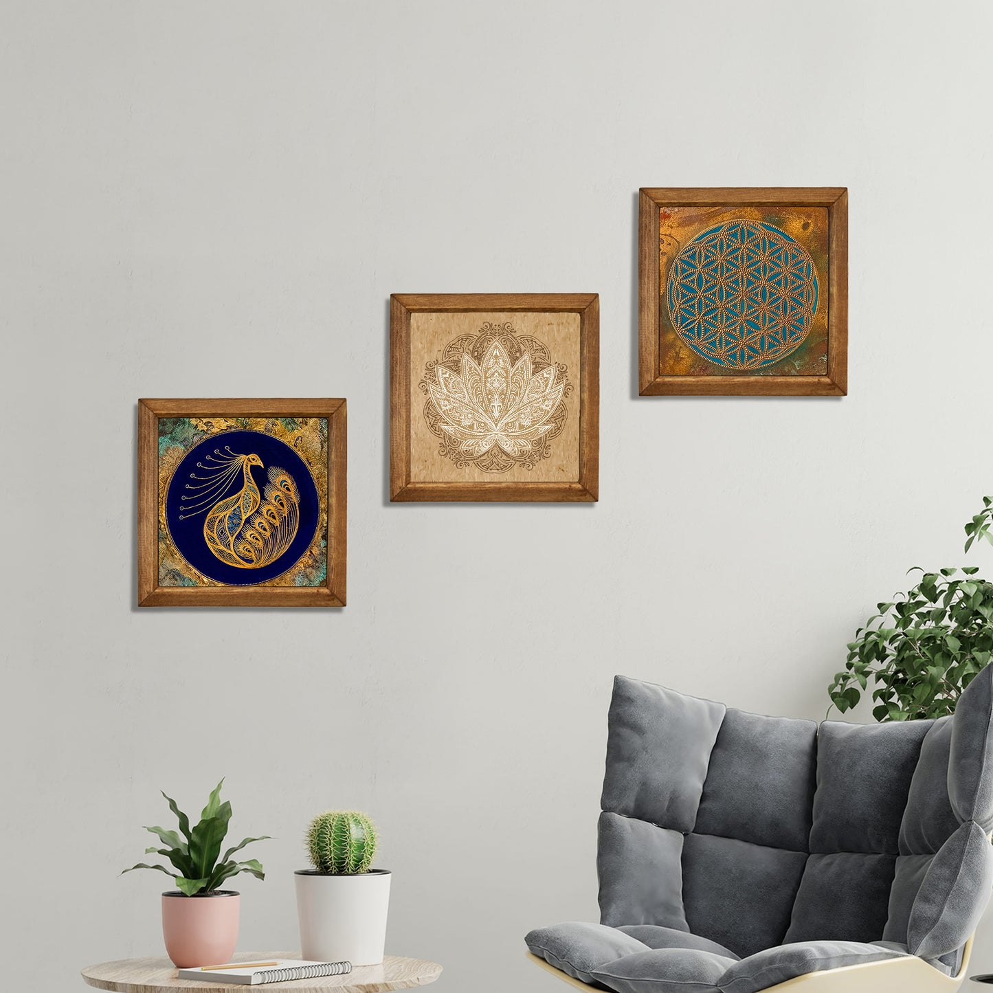 Peacock, Lotus & Flower of Life Trio Natural Stone Wall Art – Wood Frame Set