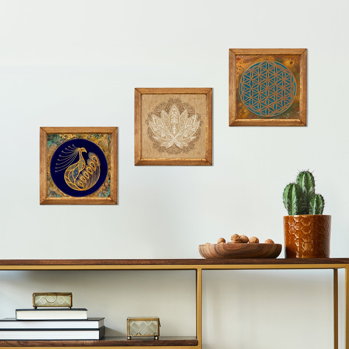Peacock, Lotus & Flower of Life Trio Natural Stone Wall Art – Wood Frame Set