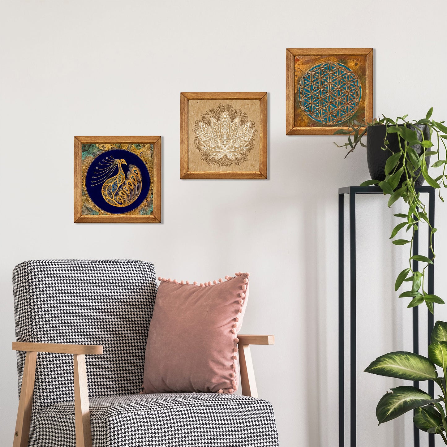 Peacock, Lotus & Flower of Life Trio Natural Stone Wall Art – Wood Frame Set