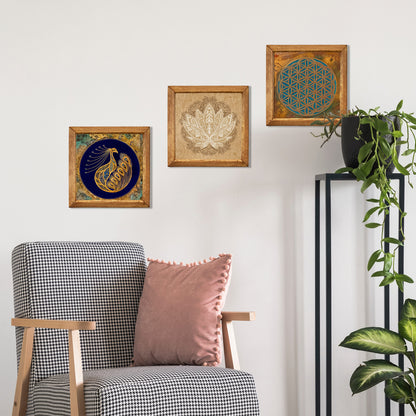 Peacock, Lotus & Flower of Life Trio Natural Stone Wall Art – Wood Frame Set