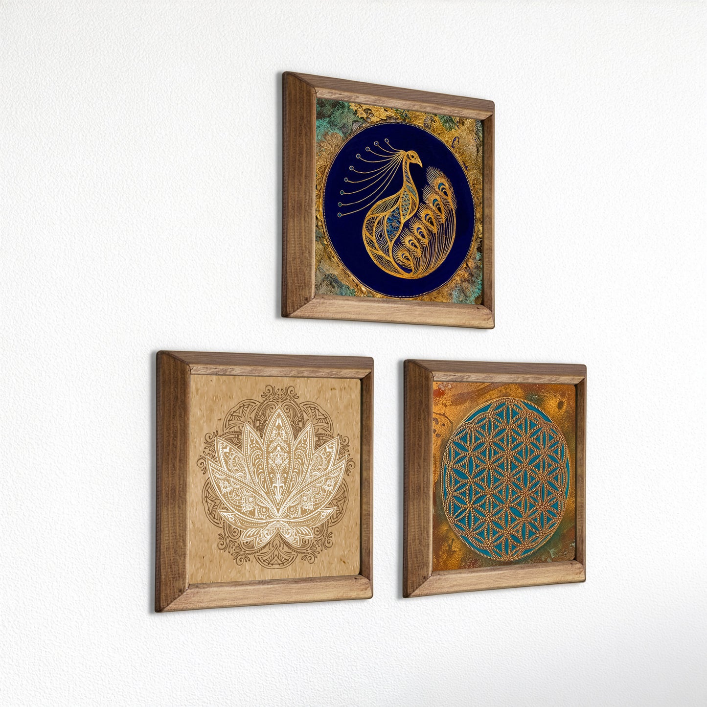 Peacock, Lotus & Flower of Life Trio Natural Stone Wall Art – Wood Frame Set