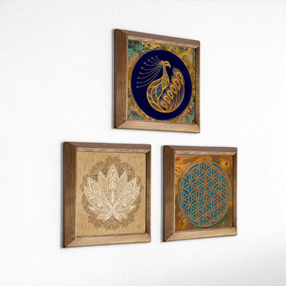 Peacock, Lotus & Flower of Life Trio Natural Stone Wall Art – Wood Frame Set