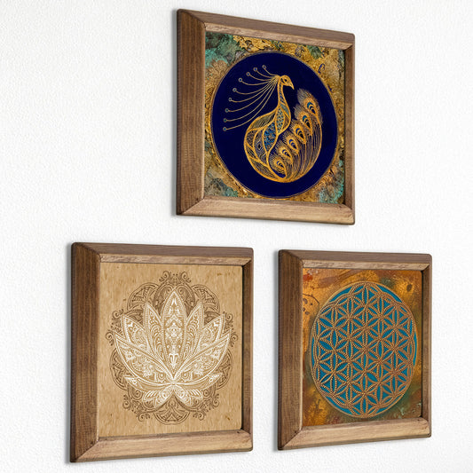 Peacock, Lotus & Flower of Life Trio Natural Stone Wall Art – Wood Frame Set