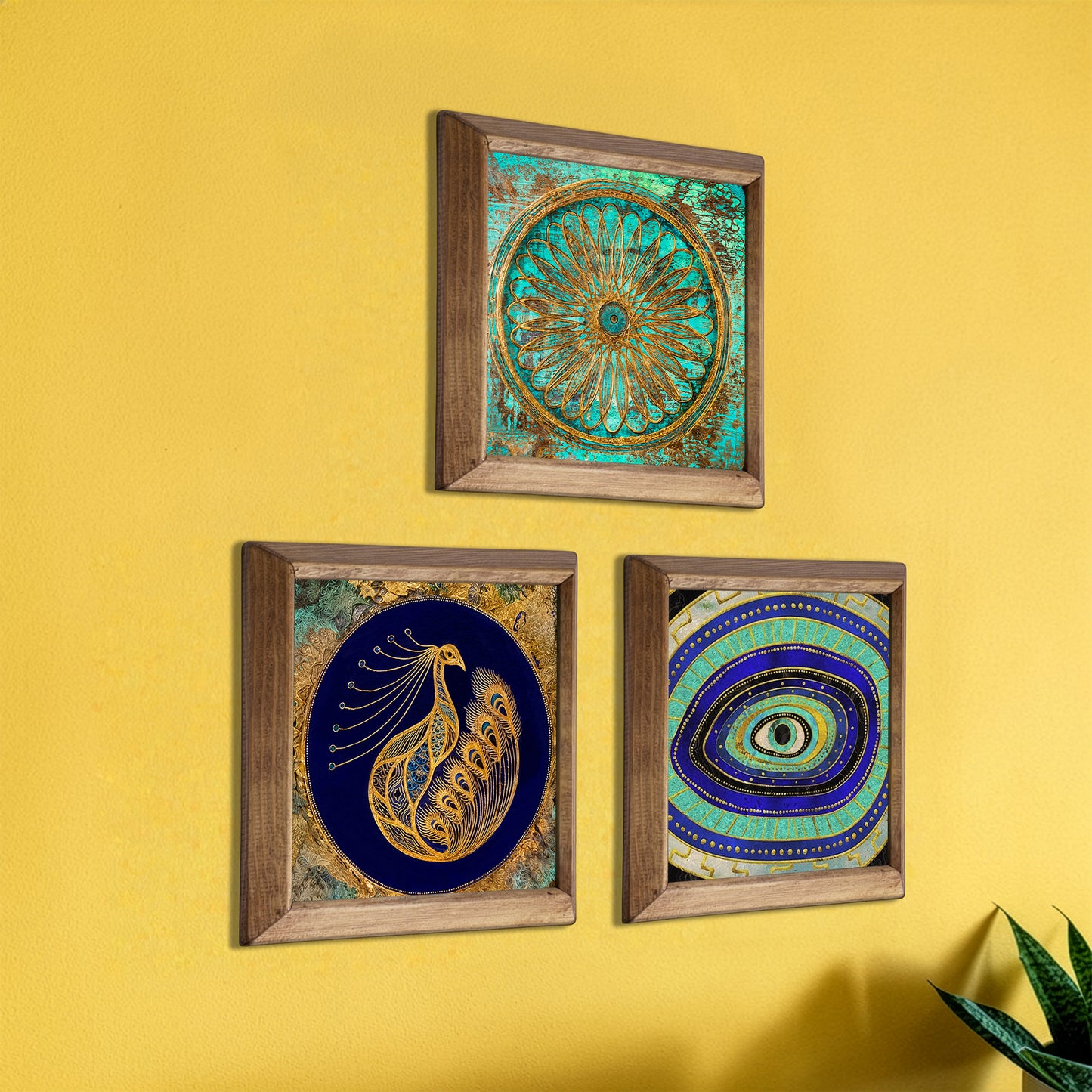 Evil Eye &Peacock, Flower of Life Trio Stone Wall Art Set