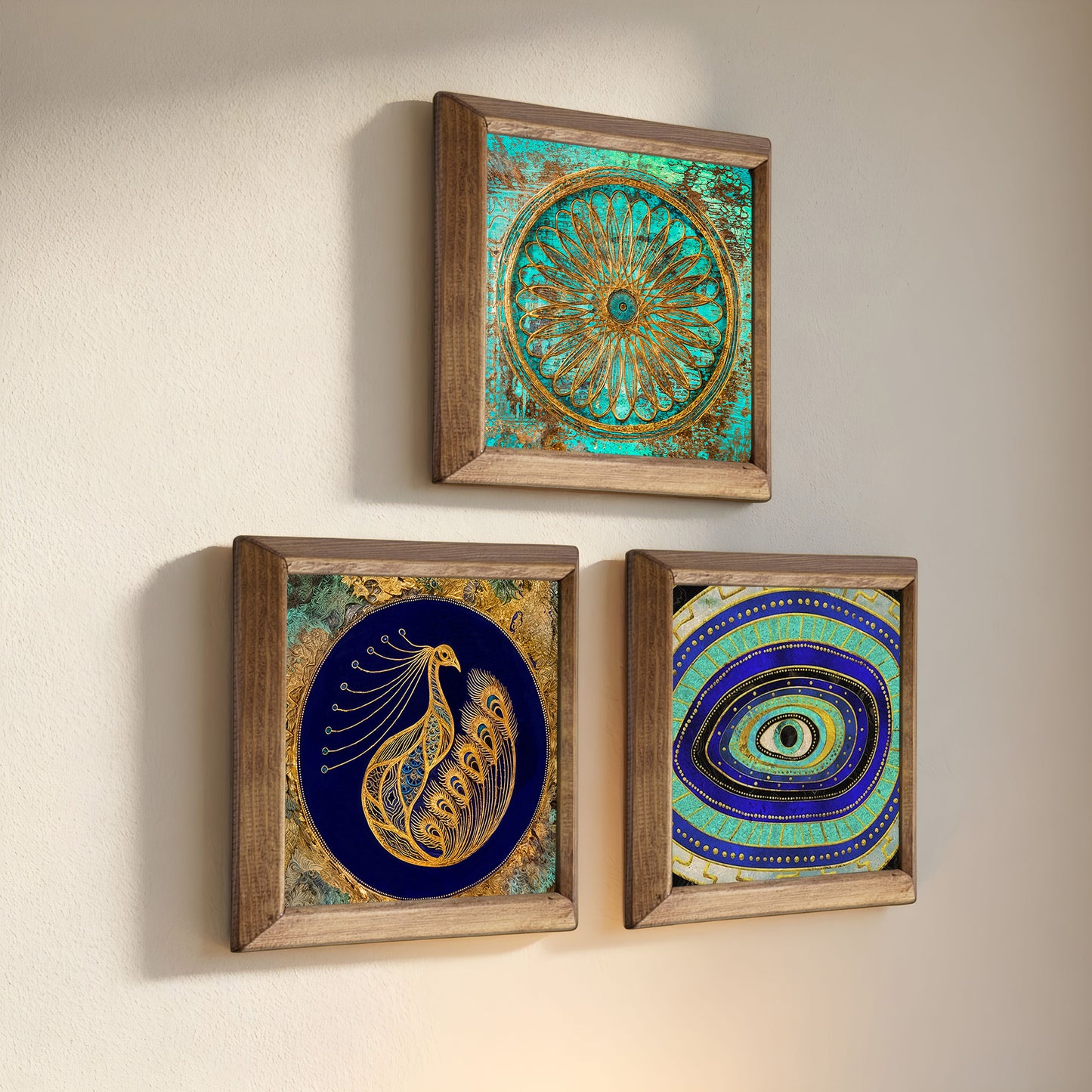 Evil Eye &Peacock, Flower of Life Trio Stone Wall Art Set