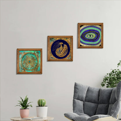 Evil Eye &Peacock, Flower of Life Trio Stone Wall Art Set