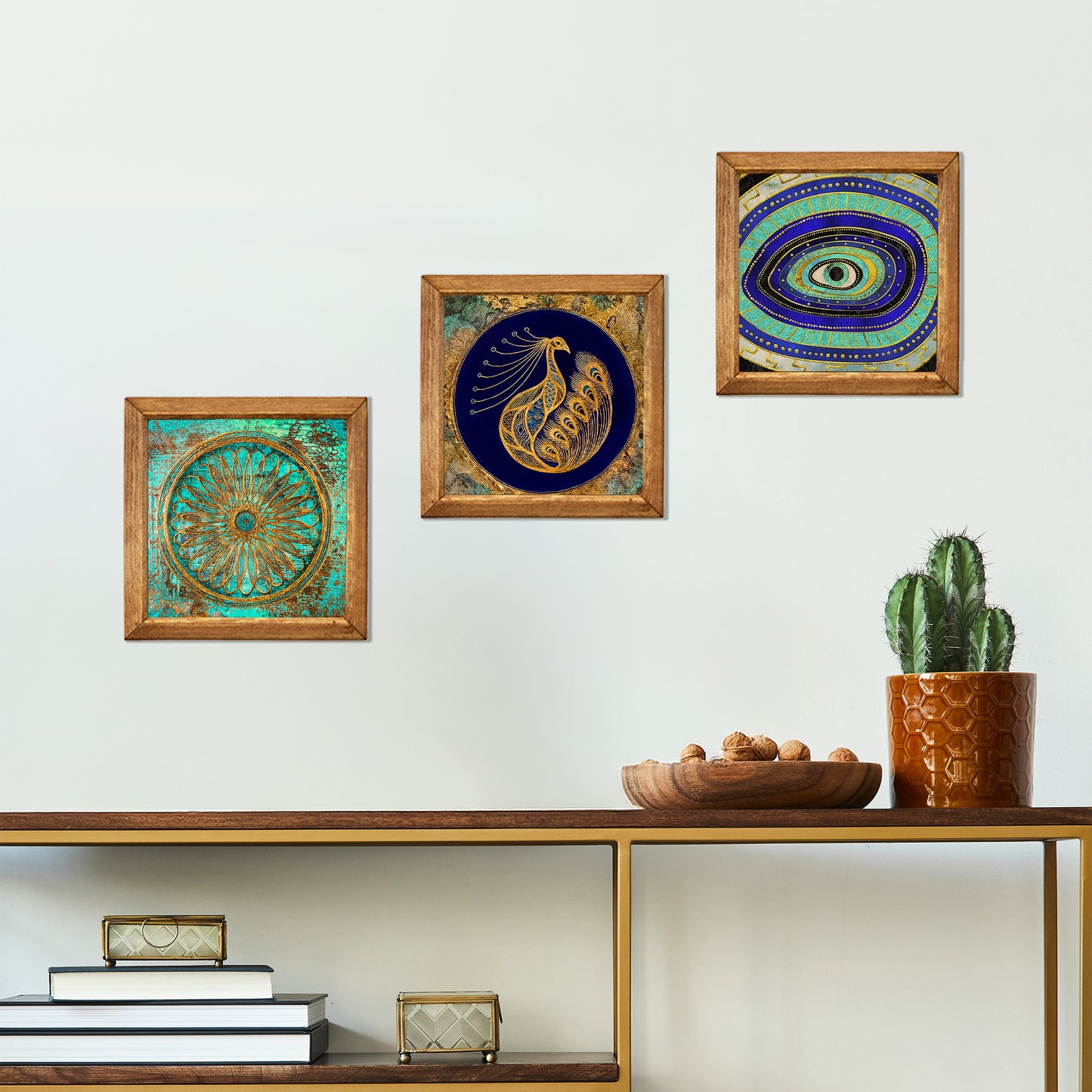 Evil Eye &Peacock, Flower of Life Trio Stone Wall Art Set
