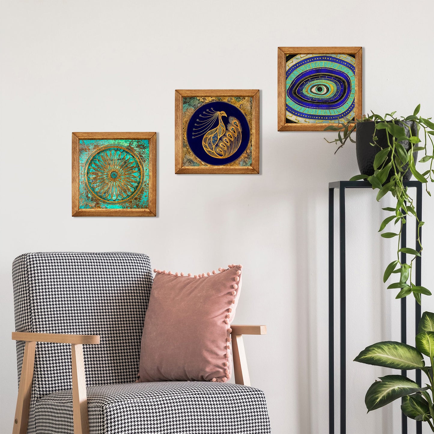Evil Eye &Peacock, Flower of Life Trio Stone Wall Art Set