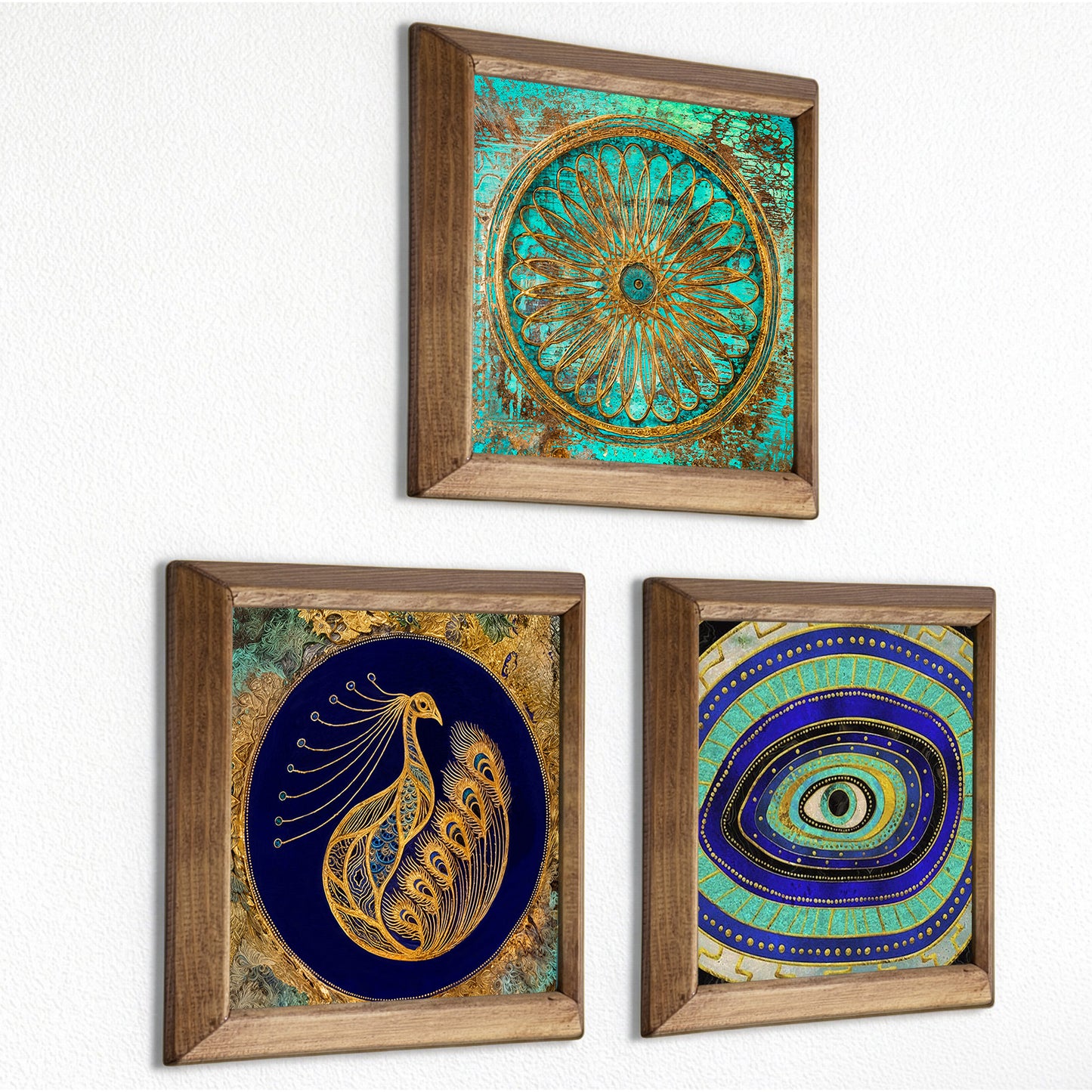 Evil Eye &Peacock, Flower of Life Trio Stone Wall Art Set