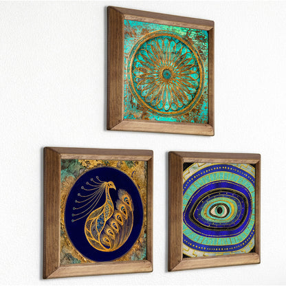 Evil Eye &Peacock, Flower of Life Trio Stone Wall Art Set