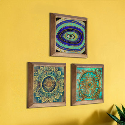 Evil Eye, Mandala & Flower of Life Trio Natural Stone Wall Art – Wood Frame Set