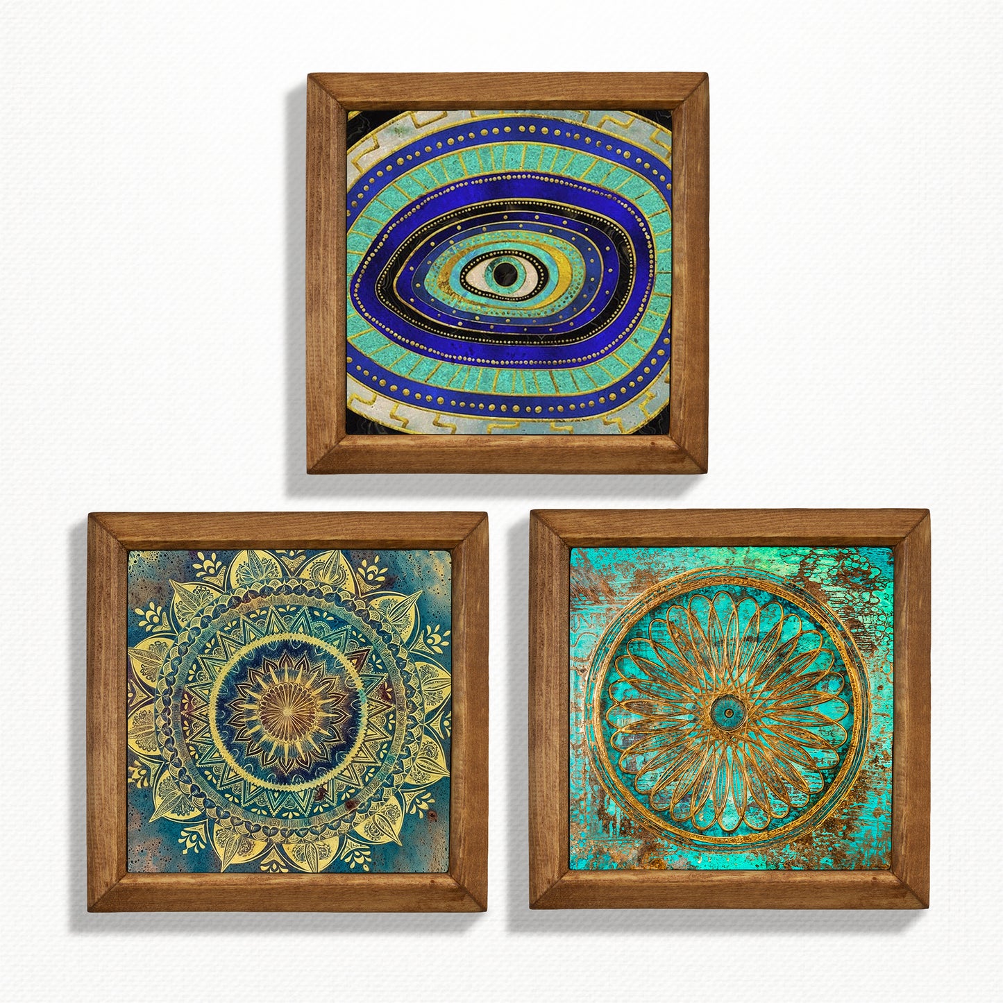 Evil Eye, Mandala & Flower of Life Trio Natural Stone Wall Art – Wood Frame Set