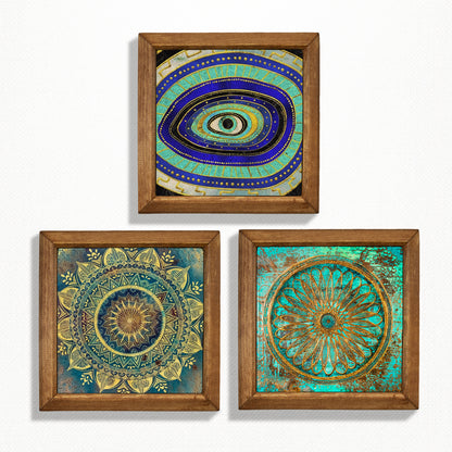 Evil Eye, Mandala & Flower of Life Trio Natural Stone Wall Art – Wood Frame Set
