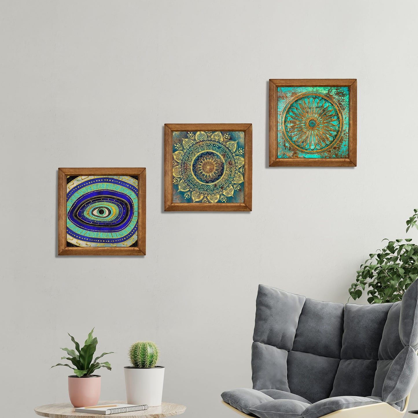 Evil Eye, Mandala & Flower of Life Trio Natural Stone Wall Art – Wood Frame Set