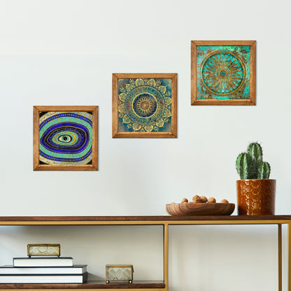 Evil Eye, Mandala & Flower of Life Trio Natural Stone Wall Art – Wood Frame Set