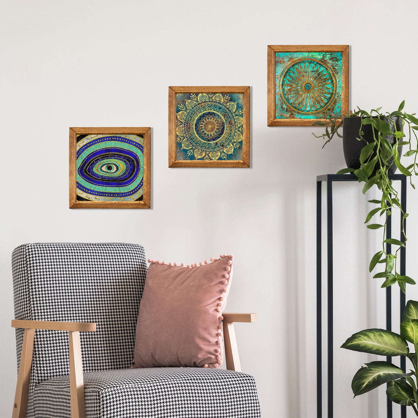 Evil Eye, Mandala & Flower of Life Trio Natural Stone Wall Art – Wood Frame Set