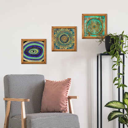 Evil Eye, Mandala & Flower of Life Trio Natural Stone Wall Art – Wood Frame Set