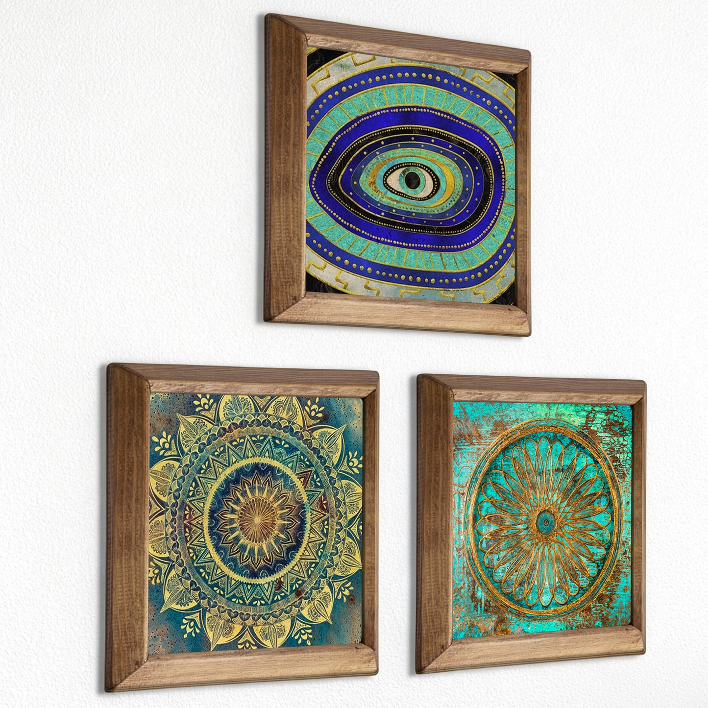 Evil Eye, Mandala & Flower of Life Trio Natural Stone Wall Art – Wood Frame Set