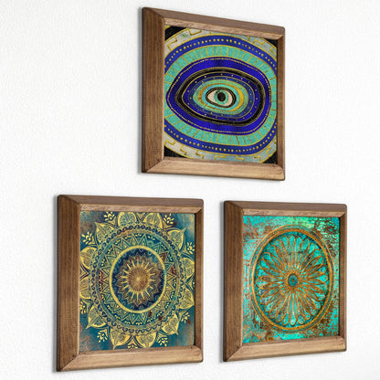 Evil Eye, Mandala & Flower of Life Trio Natural Stone Wall Art – Wood Frame Set