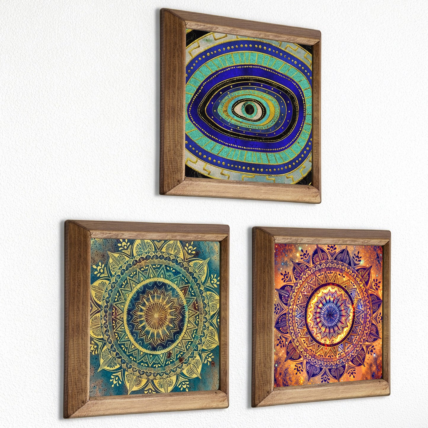 Evil Eye & Jewel Mandala Trio Natural Stone Wall Art – Wood Frame Set