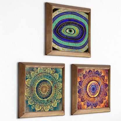 Evil Eye & Jewel Mandala Trio Natural Stone Wall Art – Wood Frame Set