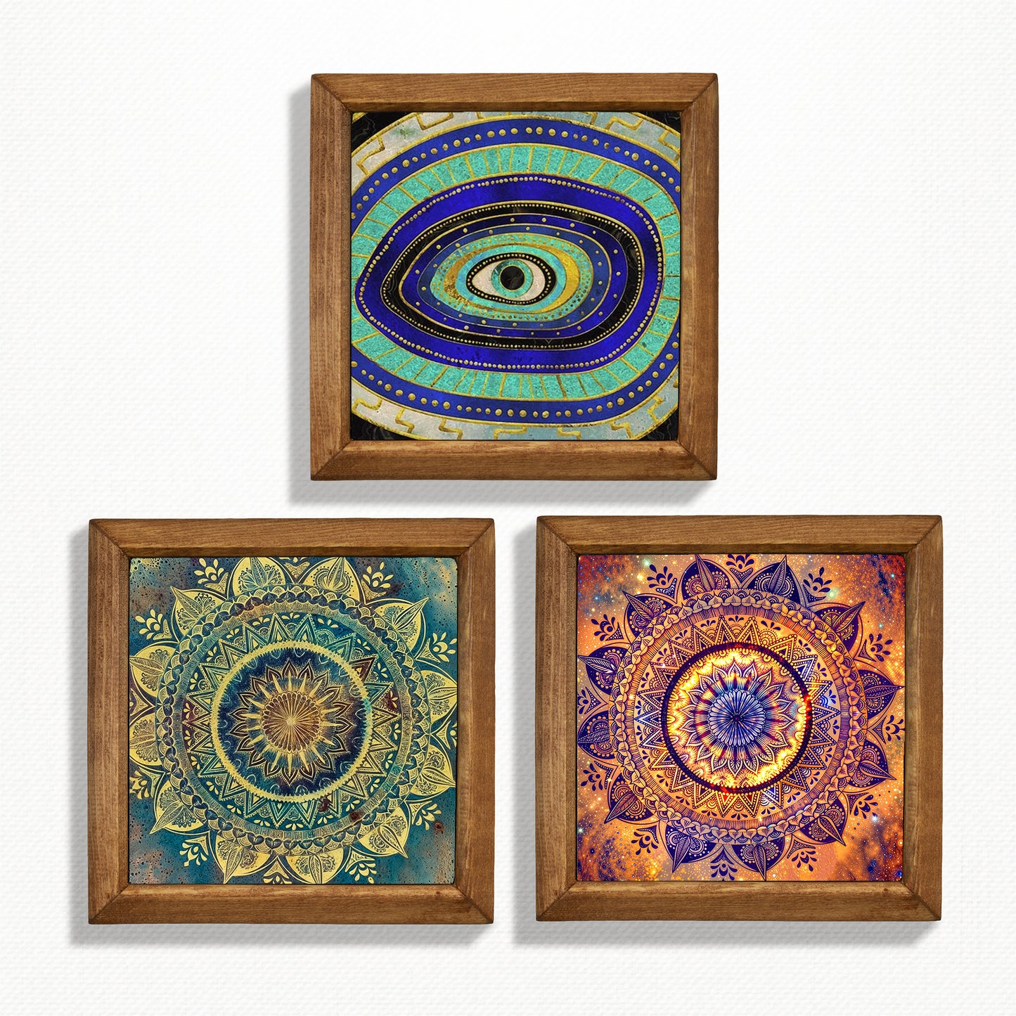 Evil Eye & Mandala Trio Natural Stone Wall Art – Wood Frame Set
