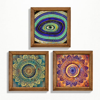 Evil Eye & Mandala Trio Natural Stone Wall Art – Wood Frame Set