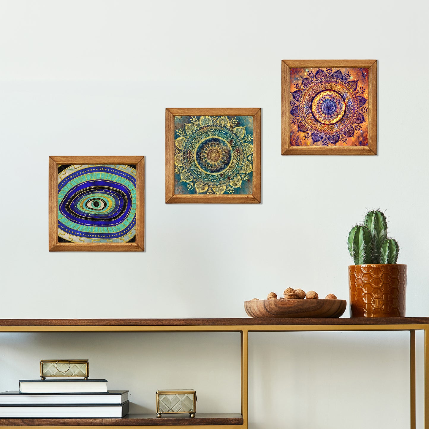 Evil Eye & Mandala Trio Natural Stone Wall Art – Wood Frame Set