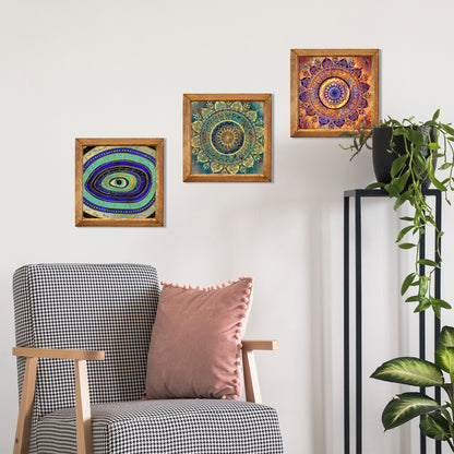 Evil Eye & Mandala Trio Natural Stone Wall Art – Wood Frame Set