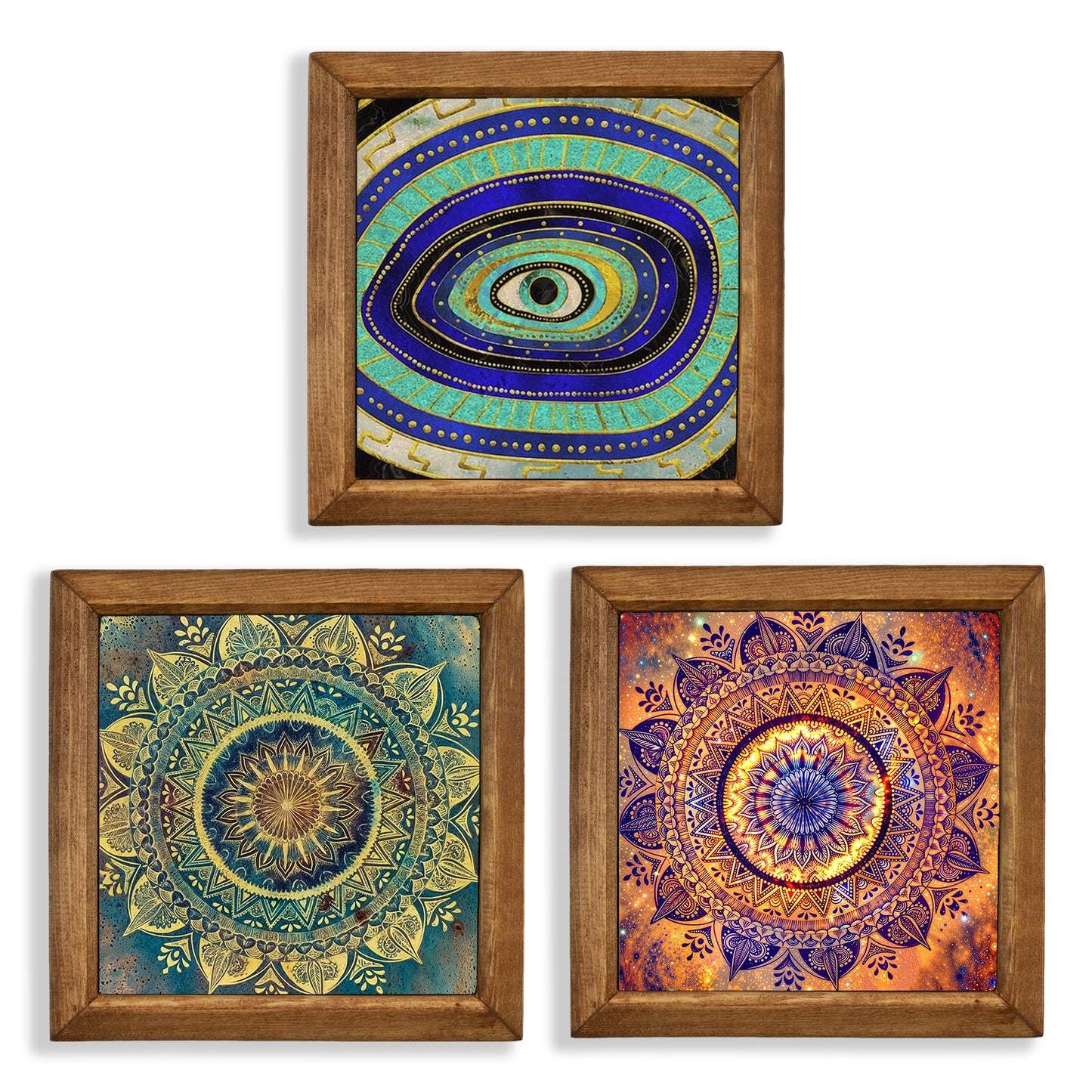 Evil Eye & Jewel Mandala Trio Natural Stone Wall Art – Wood Frame Set