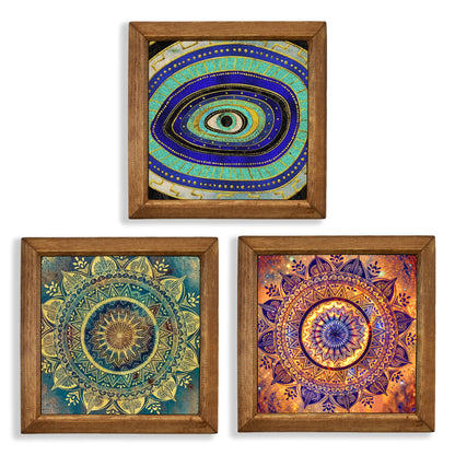 Evil Eye & Jewel Mandala Trio Natural Stone Wall Art – Wood Frame Set