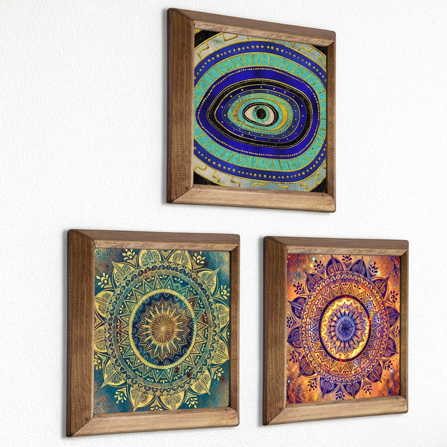 Evil Eye & Mandala Trio Natural Stone Wall Art – Wood Frame Set