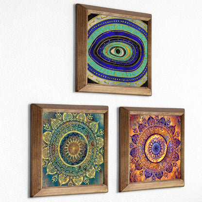 Evil Eye & Mandala Trio Natural Stone Wall Art – Wood Frame Set