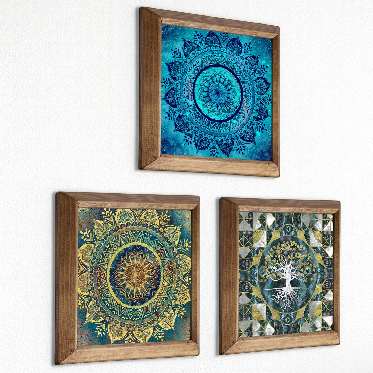 Mandala & Tree of Life Trio Natural Stone Wall Art – Wood Frame Set