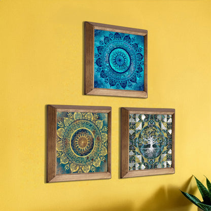 Mandala & Tree of Life Trio Natural Stone Wall Art – Wood Frame Set